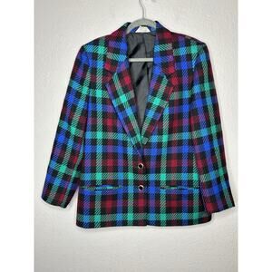 Vintage Plaid Wool Blazer 1990s Blue Green Red Career Workwear Women’s Size 10